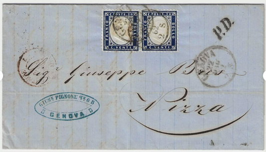 1862 Regno d'Italia - Coppia 20 c. indaco su lettera per Nizza