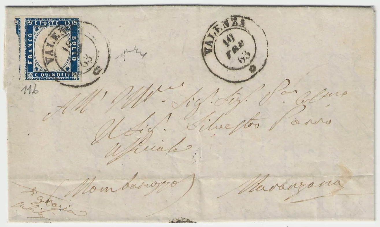 1863 Regno d'Italia - 15 cent. su lettera con bollo a doppio cerchio di Valenza