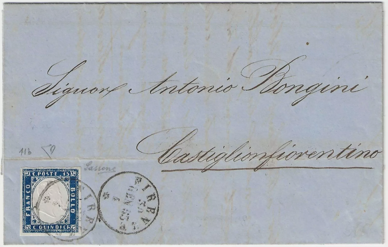 1863 Regno d'Italia - 15 c. azzurro scuro su lettera per Castiglionfiorentino