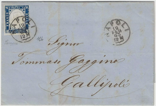 1863 Regno d'Italia - 15 c. azzurro scuro su lettera per Gallipoli firma Sassone