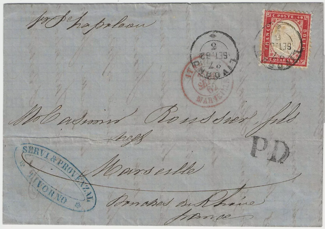 1862 Regno d'Italia - 40 c. rosso carminio isolato su piego per Marsiglia