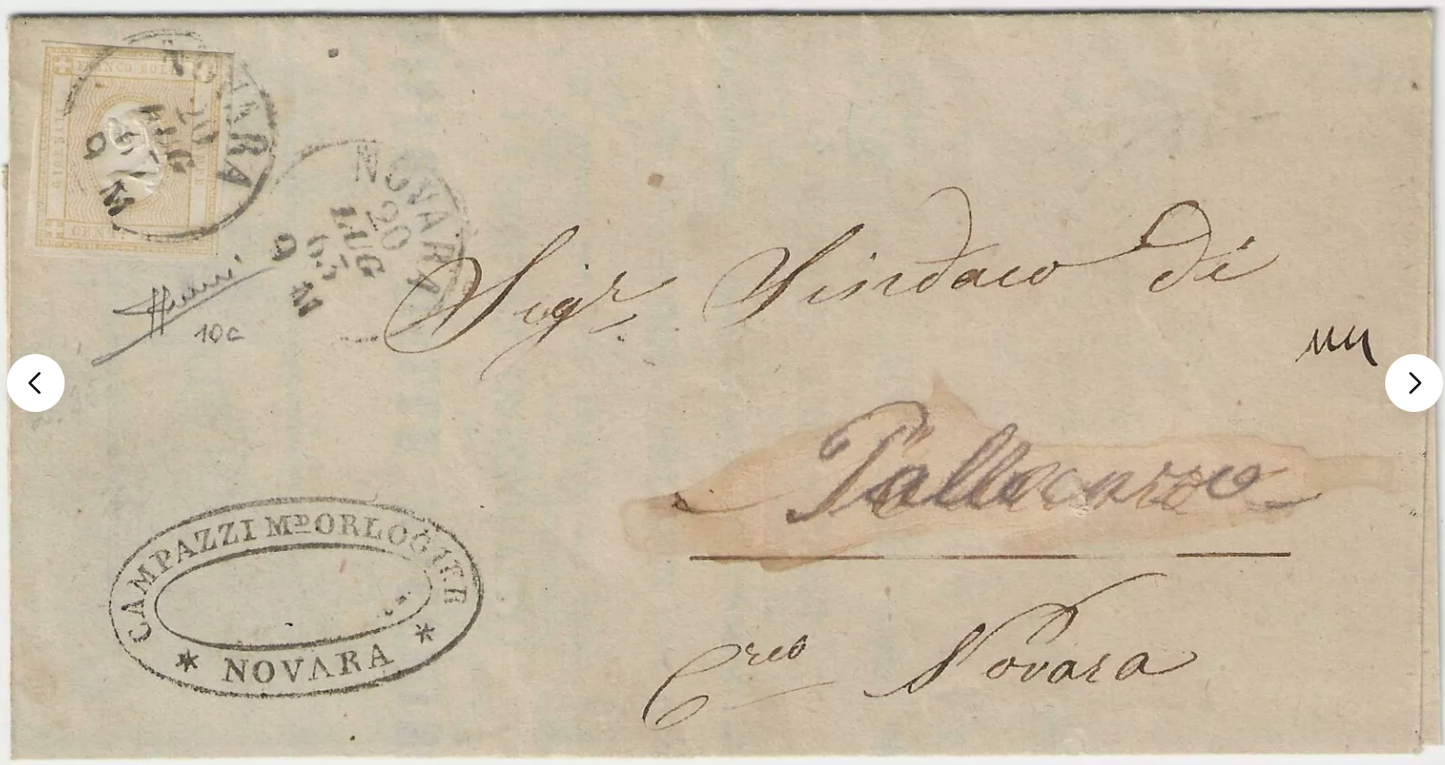 1862 Regno - 2 c. giallo per stampati su lettera per Pallanza firma Sorani