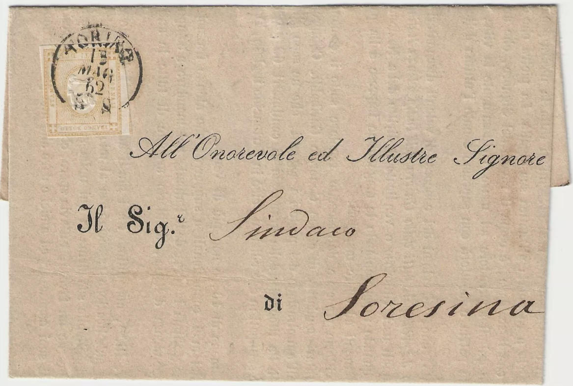 1862 Regno - 2 c. giallo per stampati su lettera per Soresina terza data nota