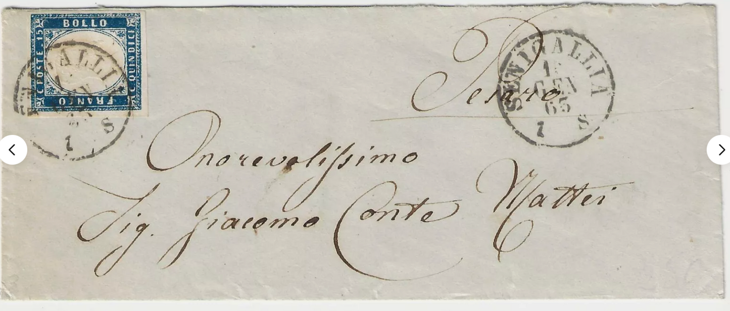 1863 Regno d'Italia 15 c. azzurro non dentellato su busta annullo di Senigallia