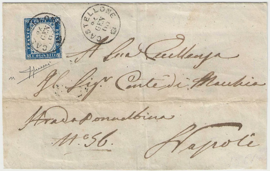 1863 Regno - 15 c. azzurro non dentellato con annullo Castellone firma Sorani