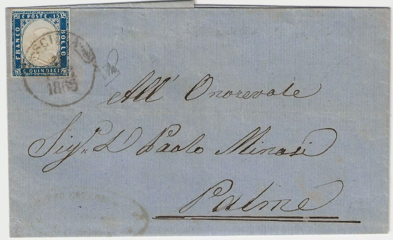 1863 Regno - 15 c. azzurro non dentellato su piego con annullo di Scilla