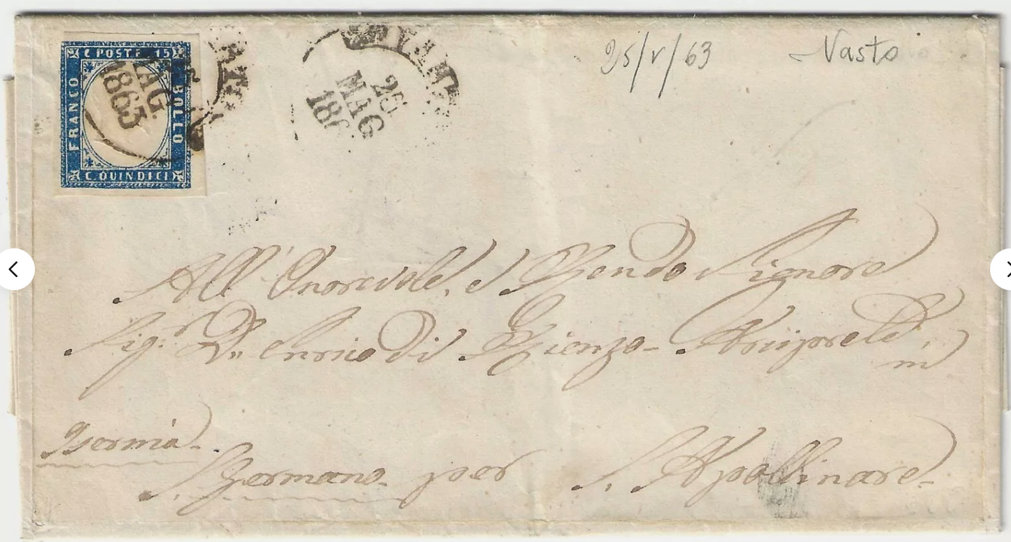 1863 Regno d'Italia - 15 c. azzurro su lettera con annullo di Vasto