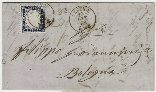 1862 Regno d'Italia - 20 c. indaco dentellato su lettera con annullo di Cesena