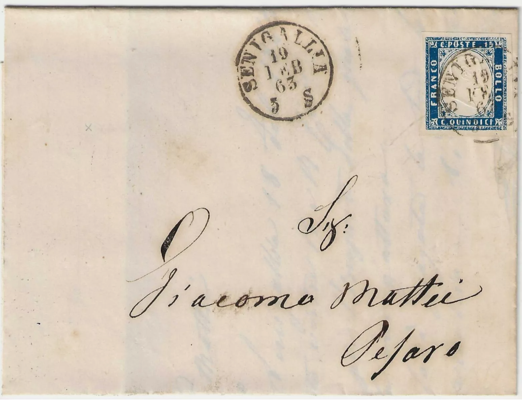 1863 Regno d'Italia - 15 c. non dentellato su lettera con annullo di Senigallia