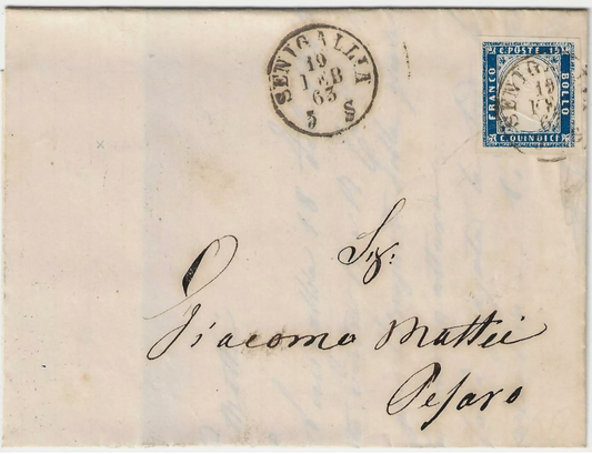 1863 Regno d'Italia - 15 c. non dentellato su lettera con annullo di Senigallia