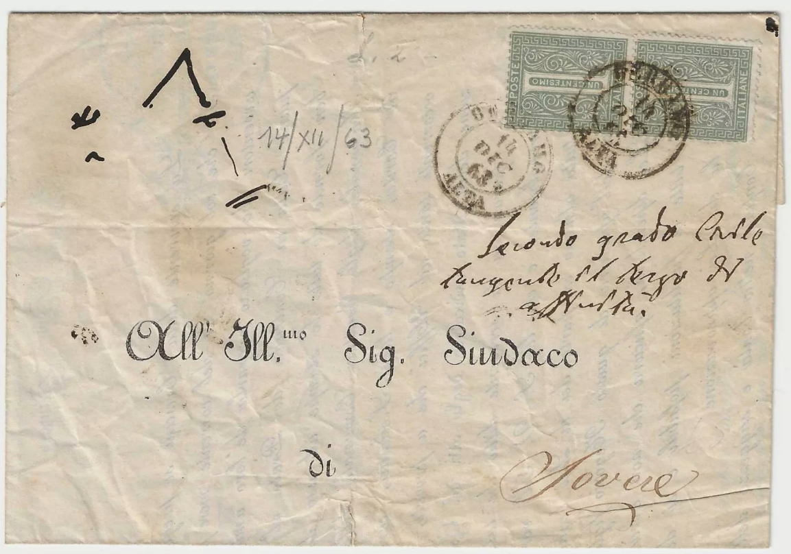 1863 Regno d'Italia - Coppia 1 c. De La Rue primo mese d'uso su lettera