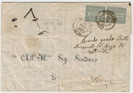 1863 Regno d'Italia - Coppia 1 c. De La Rue primo mese d'uso su lettera