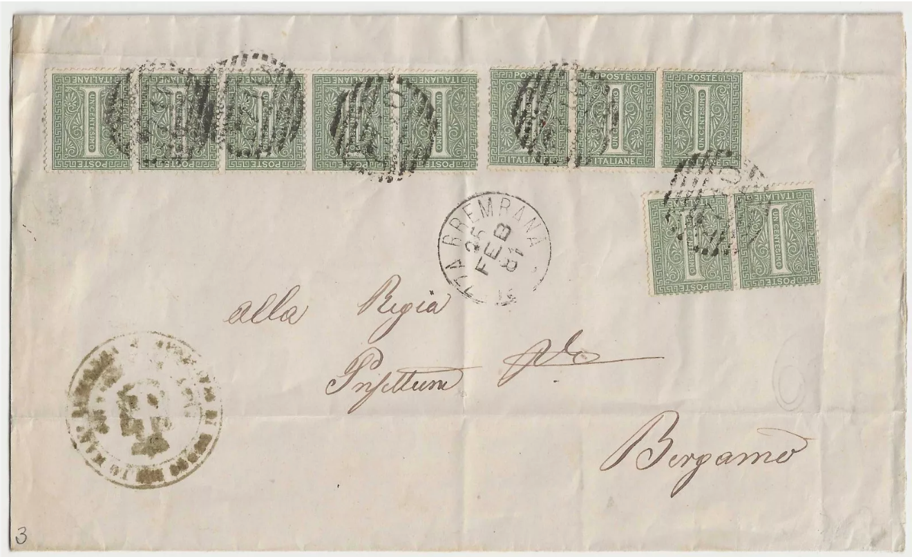 1863 Regno d'Italia - Dieci esemplari 1 c. De La Rue su frontespizio per Bergamo