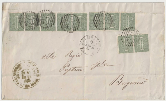 1863 Regno d'Italia - Dieci esemplari 1 c. De La Rue su frontespizio per Bergamo