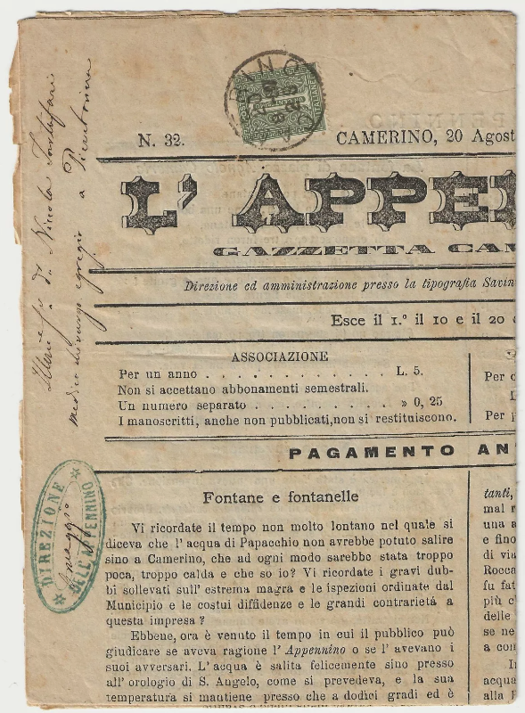 Regno d'Italia - 1 c. verde tiratura di Torino su giornale L'Appennino