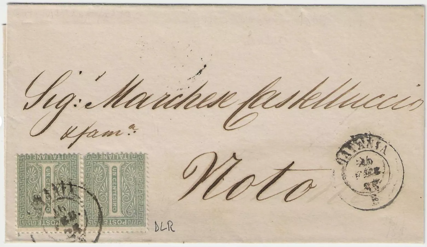 1863 Regno d'Italia - Coppia 1 c. De La Rue su piego per Noto annullo Catania