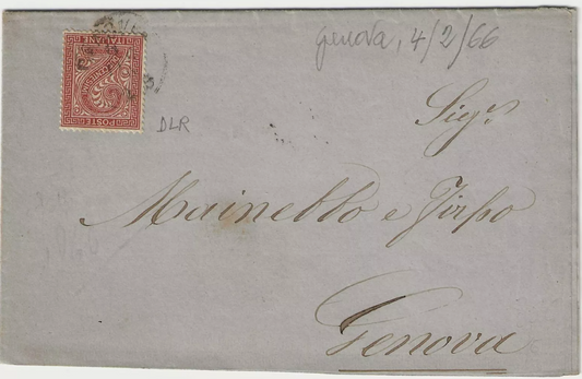 1863 Regno d'Italia - 2 cent. De La Rue isolato su lettera per Genova