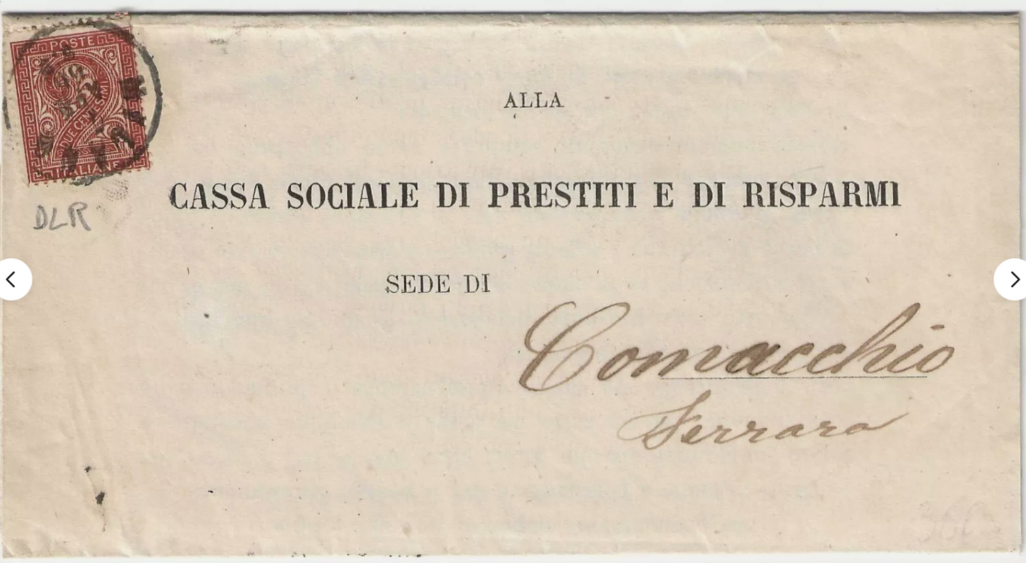 1863 Regno d'Italia - 2 cent. De La Rue isolato su circolare per Comacchio