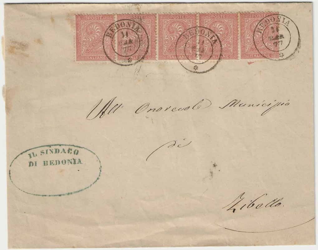 1863 Regno d'Italia - Striscia 2 cent. Torino su piego annullo Bedonia