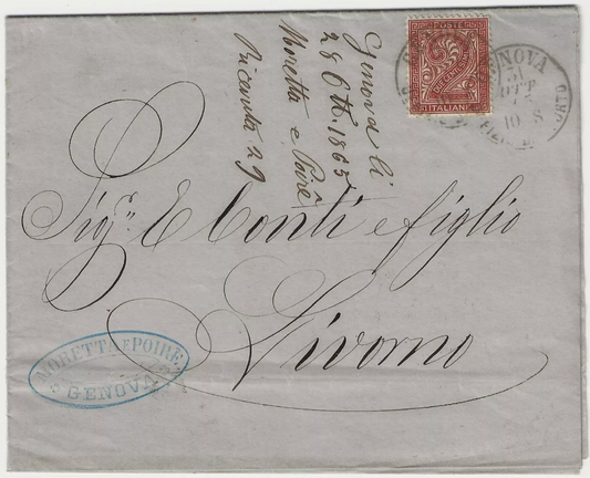 1863 Regno d'Italia - 2 c. De La Rue Londra su piego con annullo Genova Porto