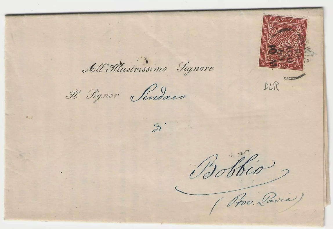 1863 Regno d'Italia - 2 c. De La Rue Londra isolato su lettera per Bobbio