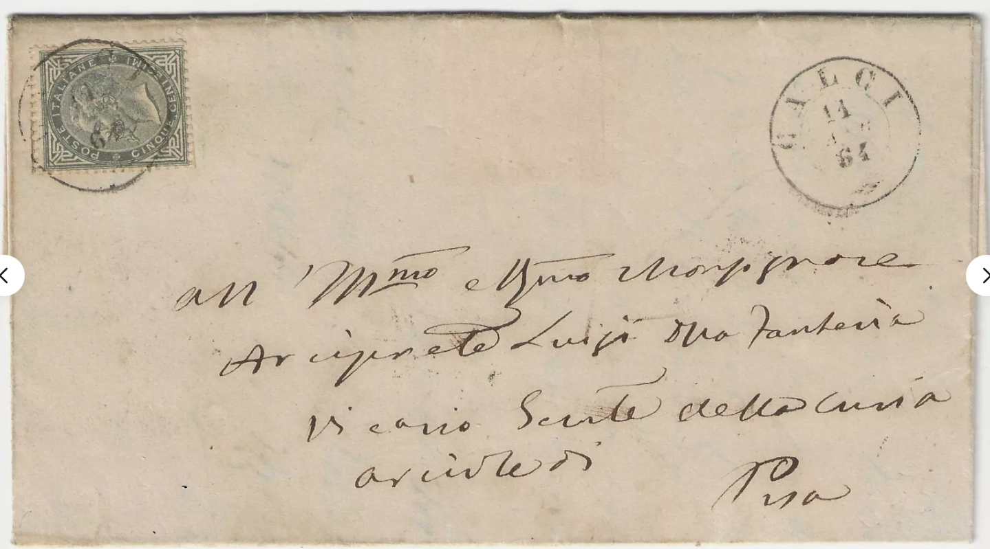 1863 Regno d'Italia - 5 cent. De La Rue su lettera per Pisa con annullo Calci