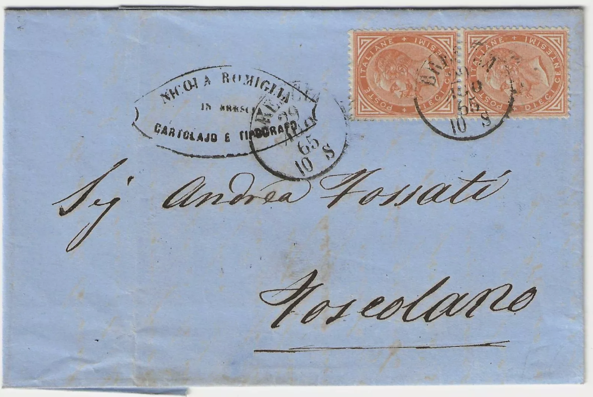 1863 Regno - Coppia 10 c. arancio De La Rue su piego per Toscolano