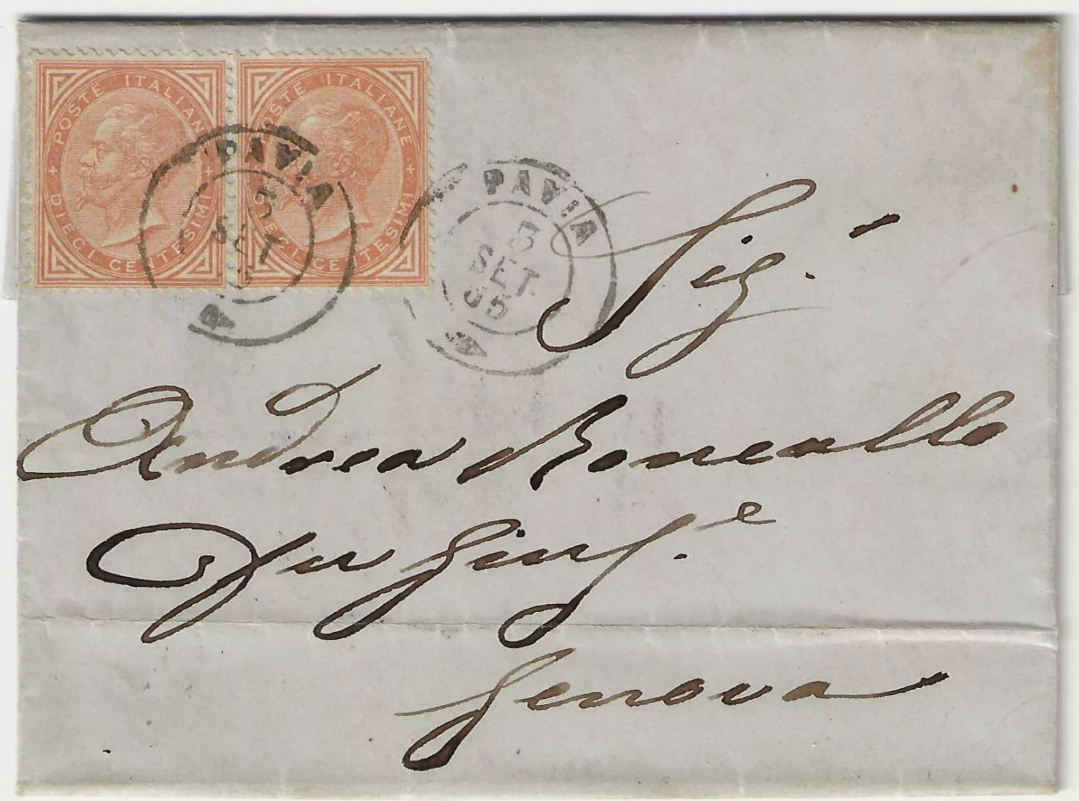 1863 Regno d'Italia - Coppia 10 c. De La Rue per Genova con annullo di Pavia