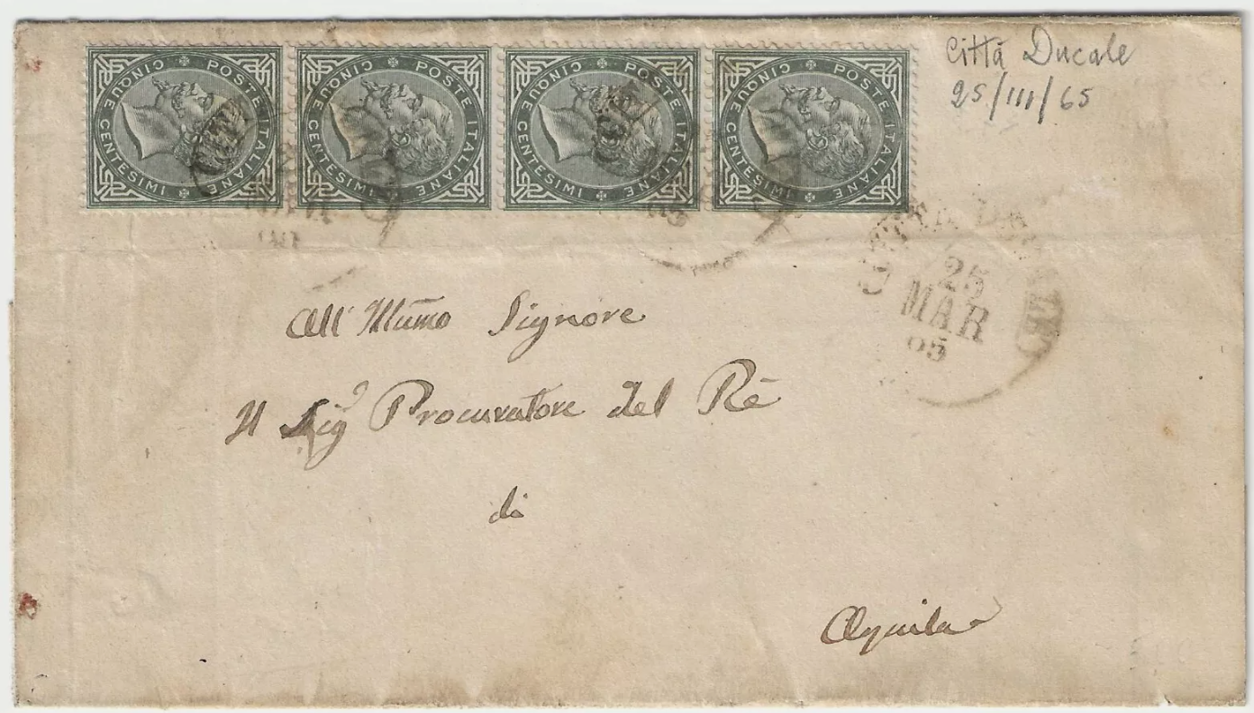 Regno - Striscia di 5 cent. De La Rue Londra 1863 con annullo di Città Ducale