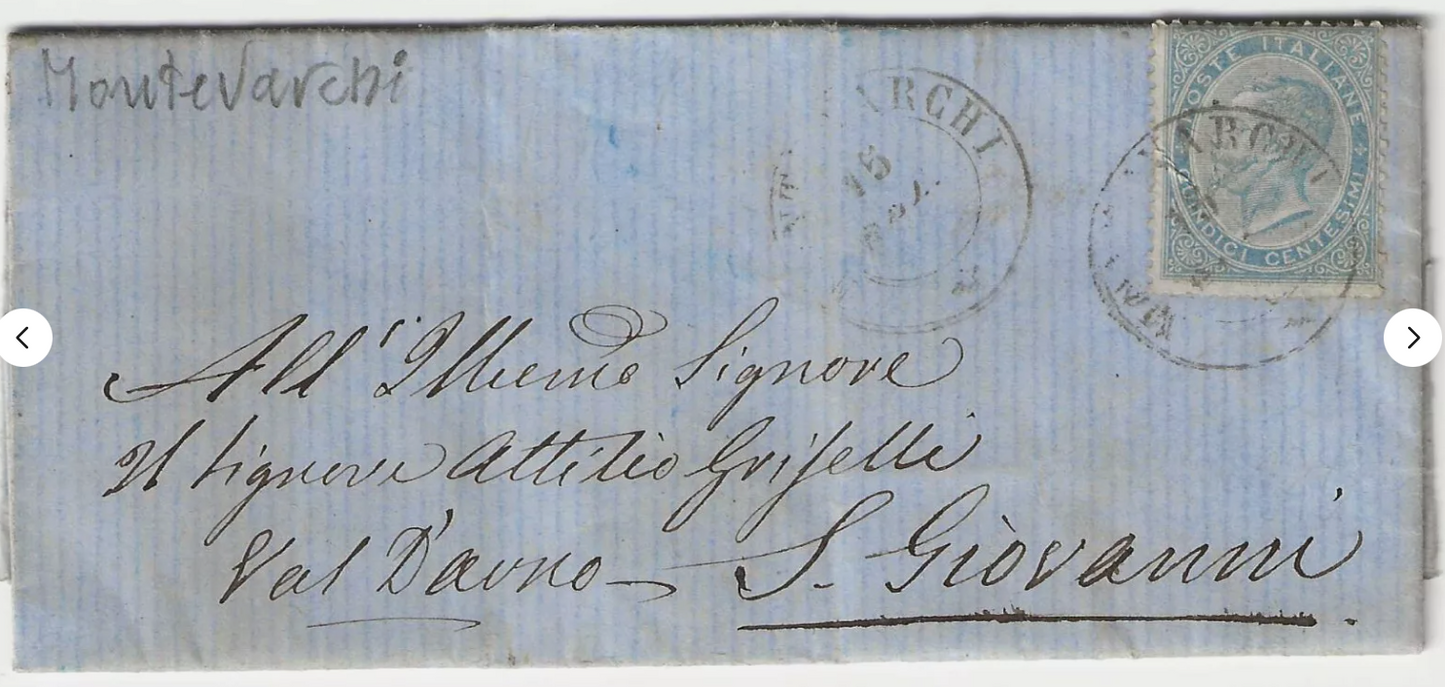 1863 Regno - 15 c. De La Rue su piego per S. Giovanni con annullo di Montevarchi