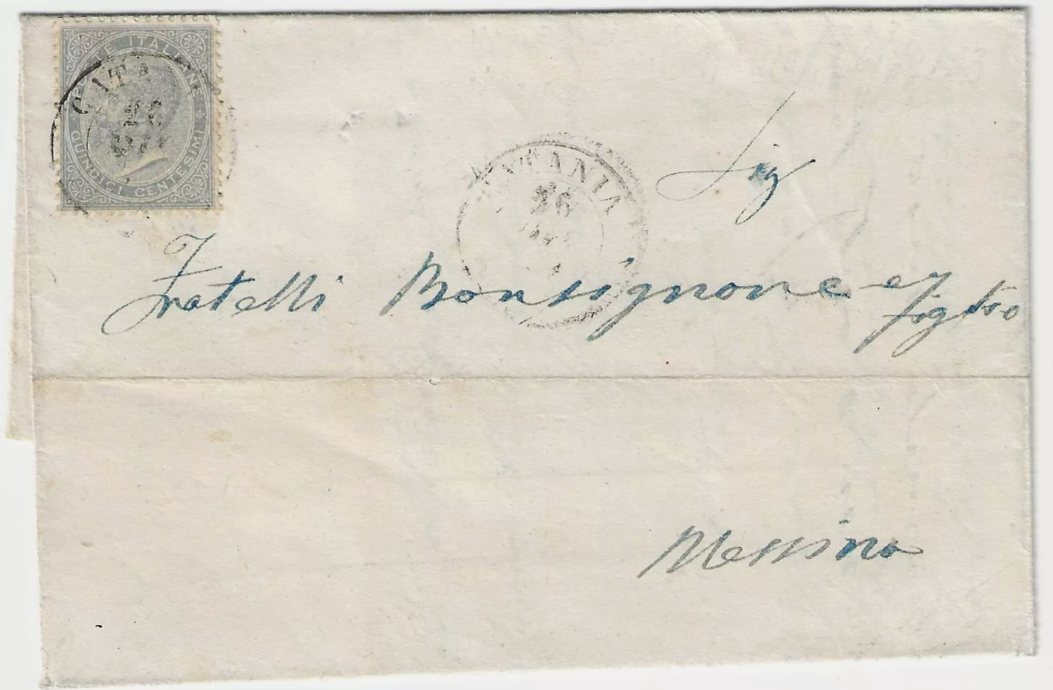 1863 Regno - 15 c. De La Rue su lettera con annullo Catania primo mese d'uso