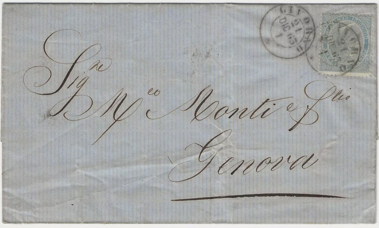 1863 Regno - 15 c. De La Rue su piego per Genova con annullo Livorno primo mese