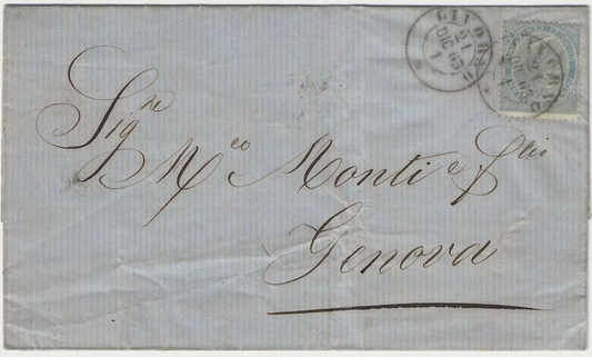 1863 Regno - 15 c. De La Rue su piego per Genova con annullo Livorno primo mese