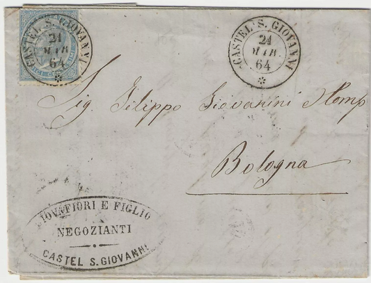 1863 Regno - 15 c. De La Rue su lettera per Bologna annullo Castel S. Giovanni