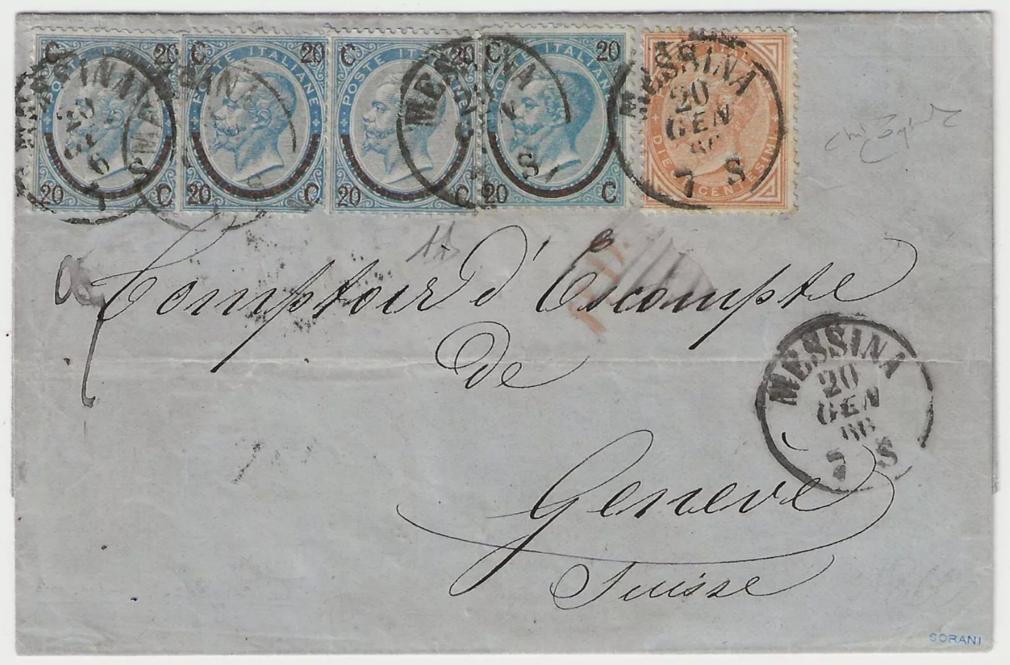 1865 Regno - Striscia di quattro 20 c. ferro di cavallo III tipo su lettera