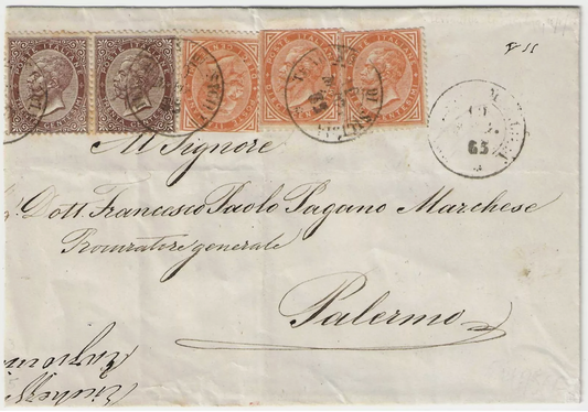 Regno - Coppia 30 c. + 10 c. De La Rue Londra 1863 annullo Terranova di Sicilia