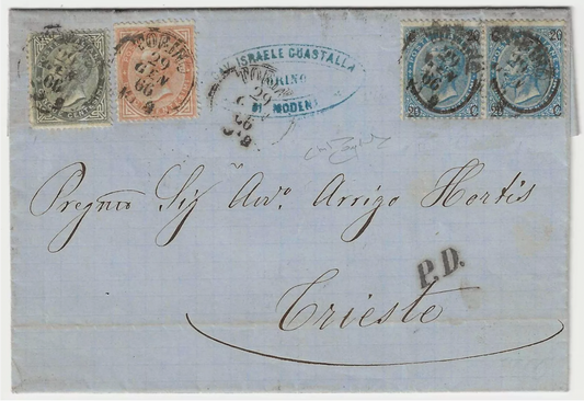 1863 Regno d'Italia - Tricolore De La Rue con 5 + 10 + 20 c. ferro di cavallo