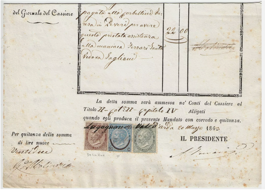 Regno - Uso fiscale foglio 5 + 30 c. De La Rue 1863 con 20 c. ferro di cavallo