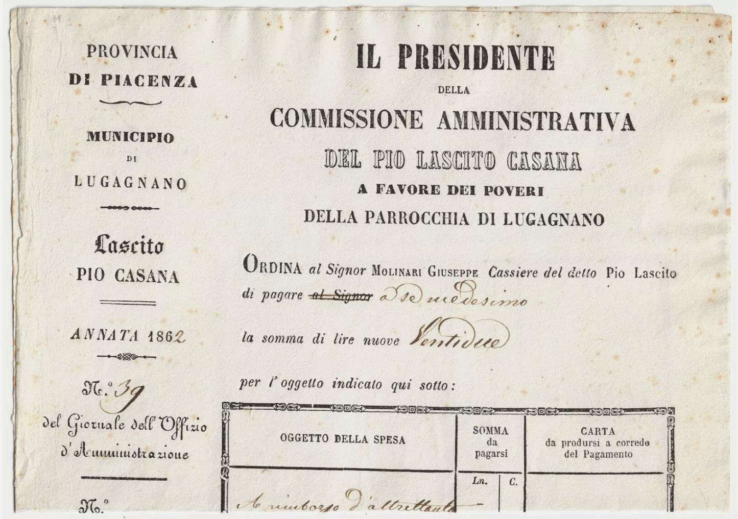 Regno - Uso fiscale foglio 5 + 30 c. De La Rue 1863 con 20 c. ferro di cavallo