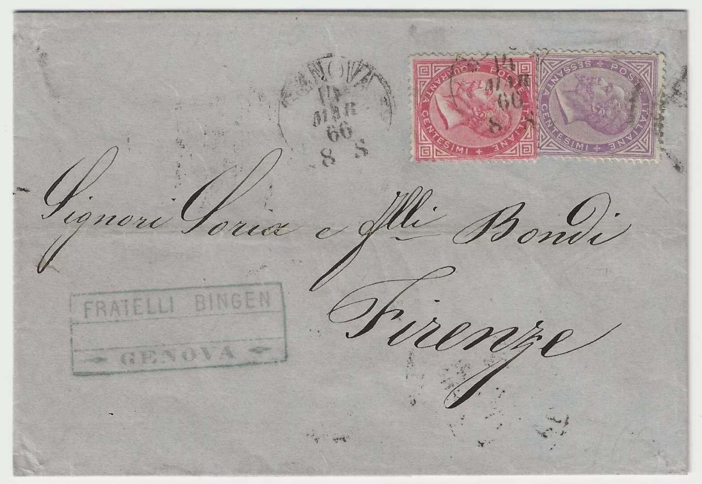 1863 Regno d'Italia - Rara affrancatura 40 c. e 60 c. De La Rue su lettera