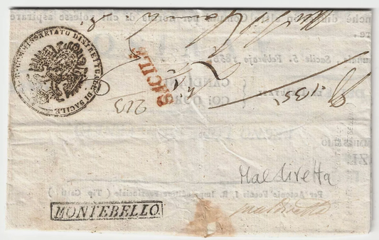 Lombardo Veneto Prefilatelica maldiretta 1836 con bollo stampatello Montebello