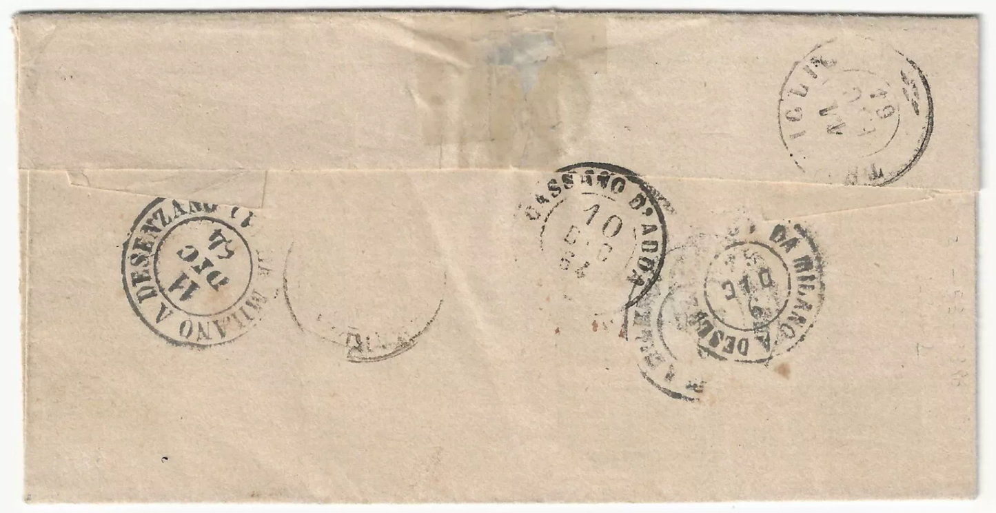 Regno -  Affrancatura bicolore 5 e 10 c.  De La Rue Londra 1863 su lettera