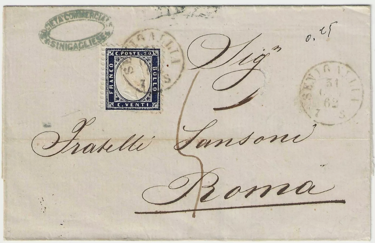 1862 Regno d'Italia - 20 c. dentellato tipo Sardegna su piego annullo Senigallia