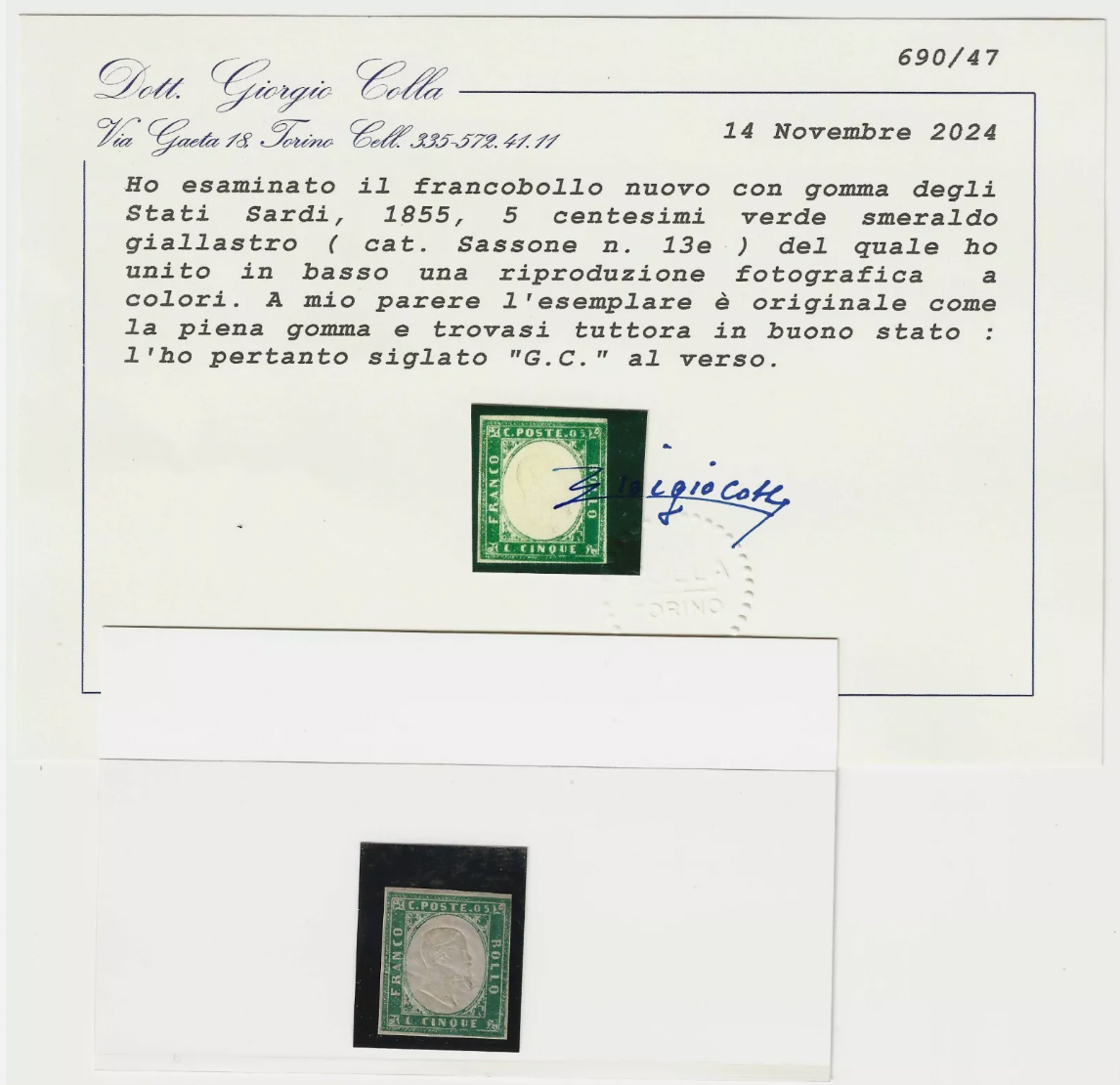 1855 Antichi Stati Sardegna - 5 c. verde smeraldo giallastro Sassone 13e MH*