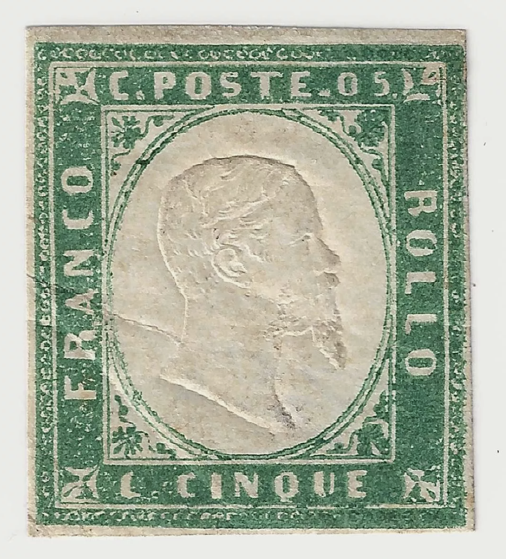 1855 Antichi Stati Sardegna - 5 c. verde smeraldo giallastro Sassone 13e MH*