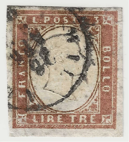 1861 Antichi Stati Sardegna - 3 l. rame carta spessa Sassone 18 RARO usato