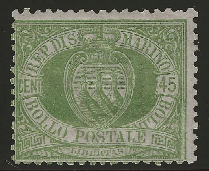 1892 San Marino - 45 c. Stemma verde oliva MNH**