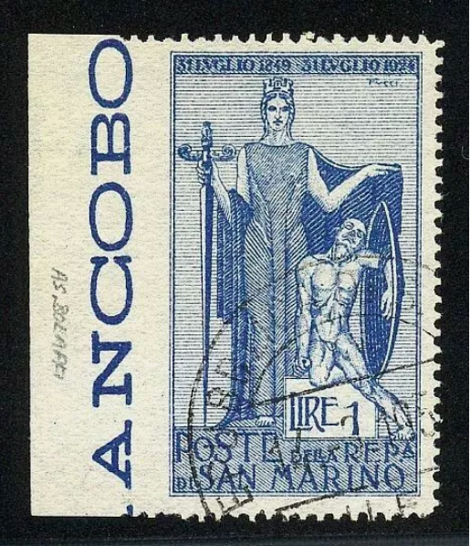 1924 San Marino - 1 L. serie Garibaldi non dent. a sinistra bordo foglio RARO