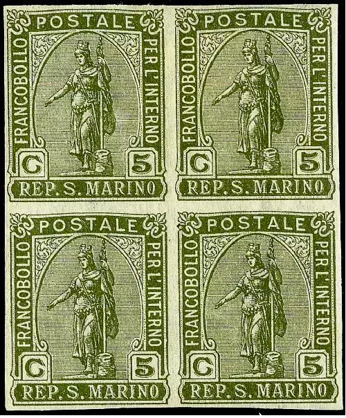 1922 San Marino - 5 c. oliva Libertas non dentellato in quartina A. Diena MH*