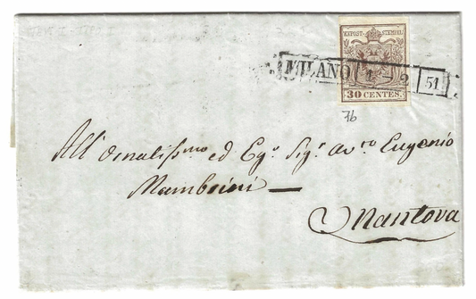 1850 Lombardo Veneto - 30 c. bruno I emissione su lettera annullo Milano 1851